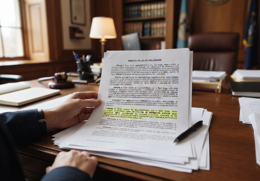 Folhas impressas de uma minuta de lei sobre uma mesa de madeira, com um trecho grifado a caneta marca-texto e uma caneta ao lado, em gabinete iluminado por luz lateral