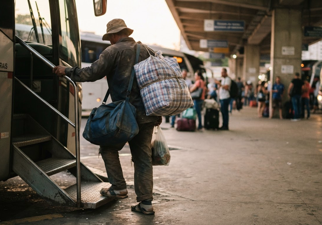 Homem de meia-idade, visto de costas, desce de um ônibus em uma rodoviária carregando várias sacolas cheias, sob luz de fim de tarde.