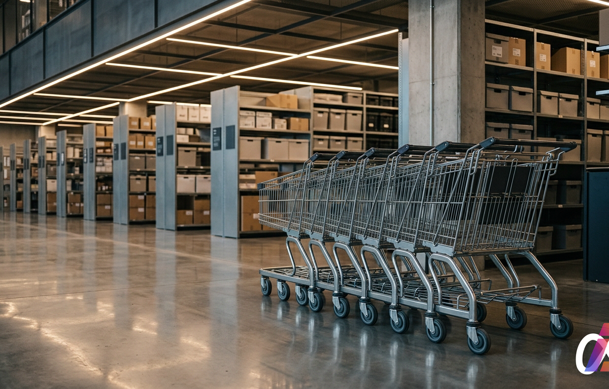 Carrinhos de compras de metal alinhados em piso de concreto polido dentro de um centro de distribuição moderno com prateleiras e iluminação linear ao fundo