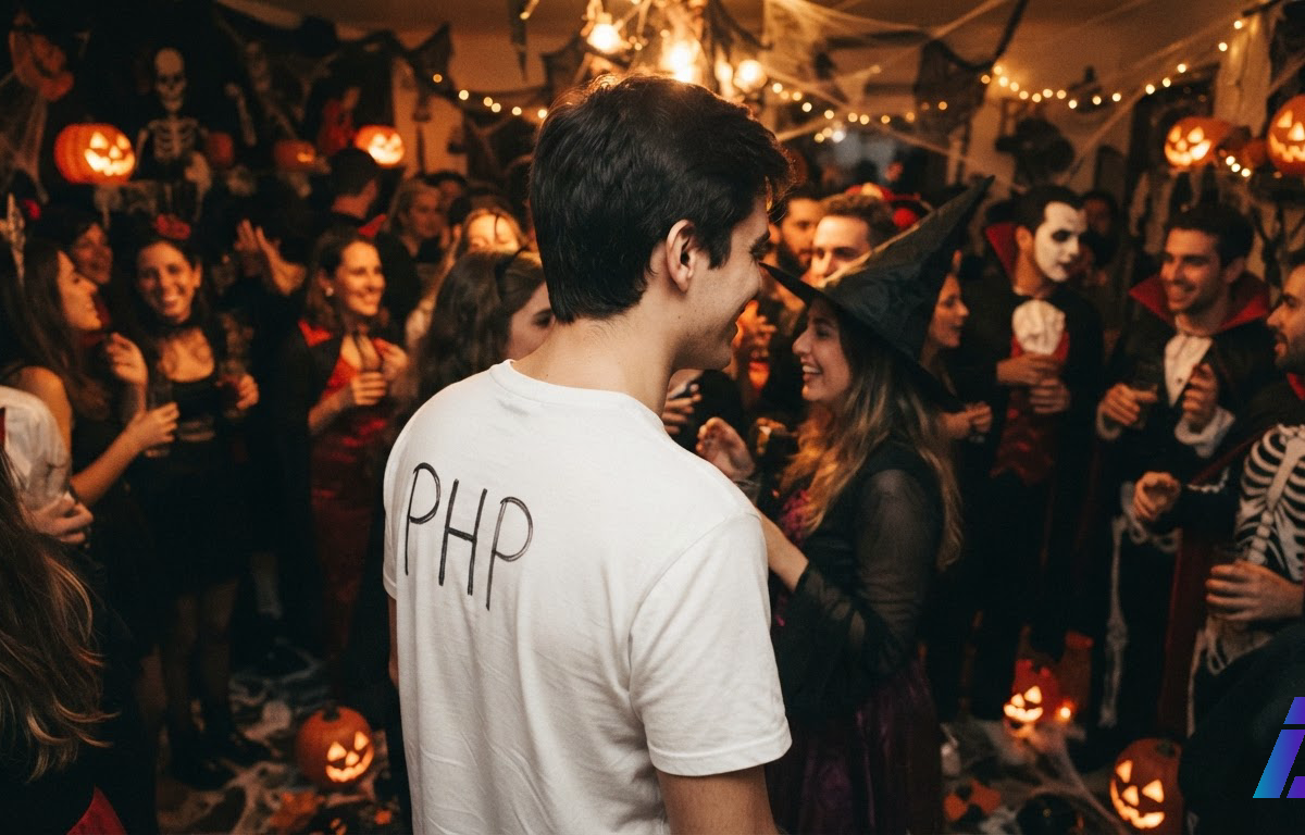 Jovem em festa de Halloween veste camiseta branca com as letras PHP escritas à mão em caneta preta no peito, cercado por convidados fantasiados e iluminado pela luz quente de abóboras acesas