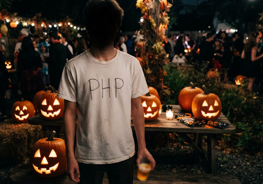 Jovem de costas em festa noturna de Halloween, vestindo camiseta branca com as letras PHP escritas à mão em caneta preta, cercado por abóboras iluminadas sob luz de flash