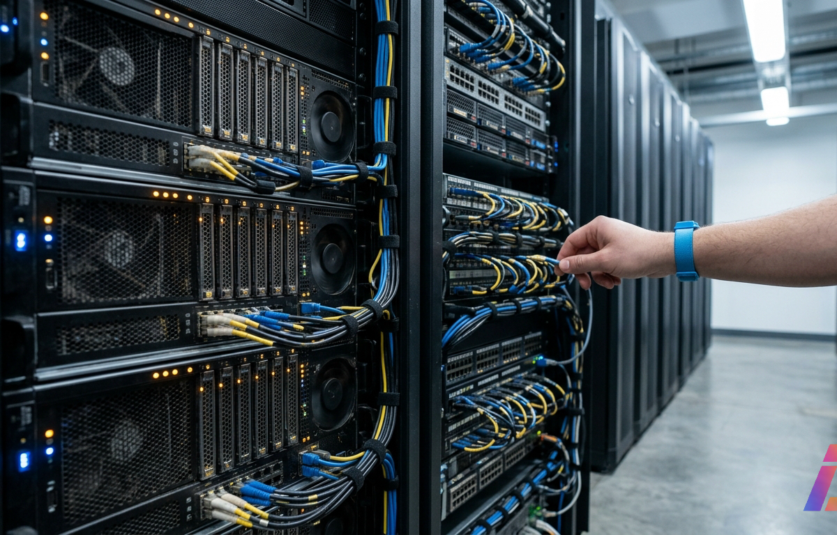 Racks de servidores em operação contínua com luzes indicadoras suaves em corredor de centro de dados moderno e climatizado