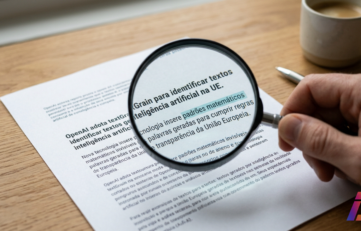 Página impressa em papel fosco examinada de perto por uma lente de aumento de precisão tipográfica, revelando o alinhamento microscópico dos caracteres.