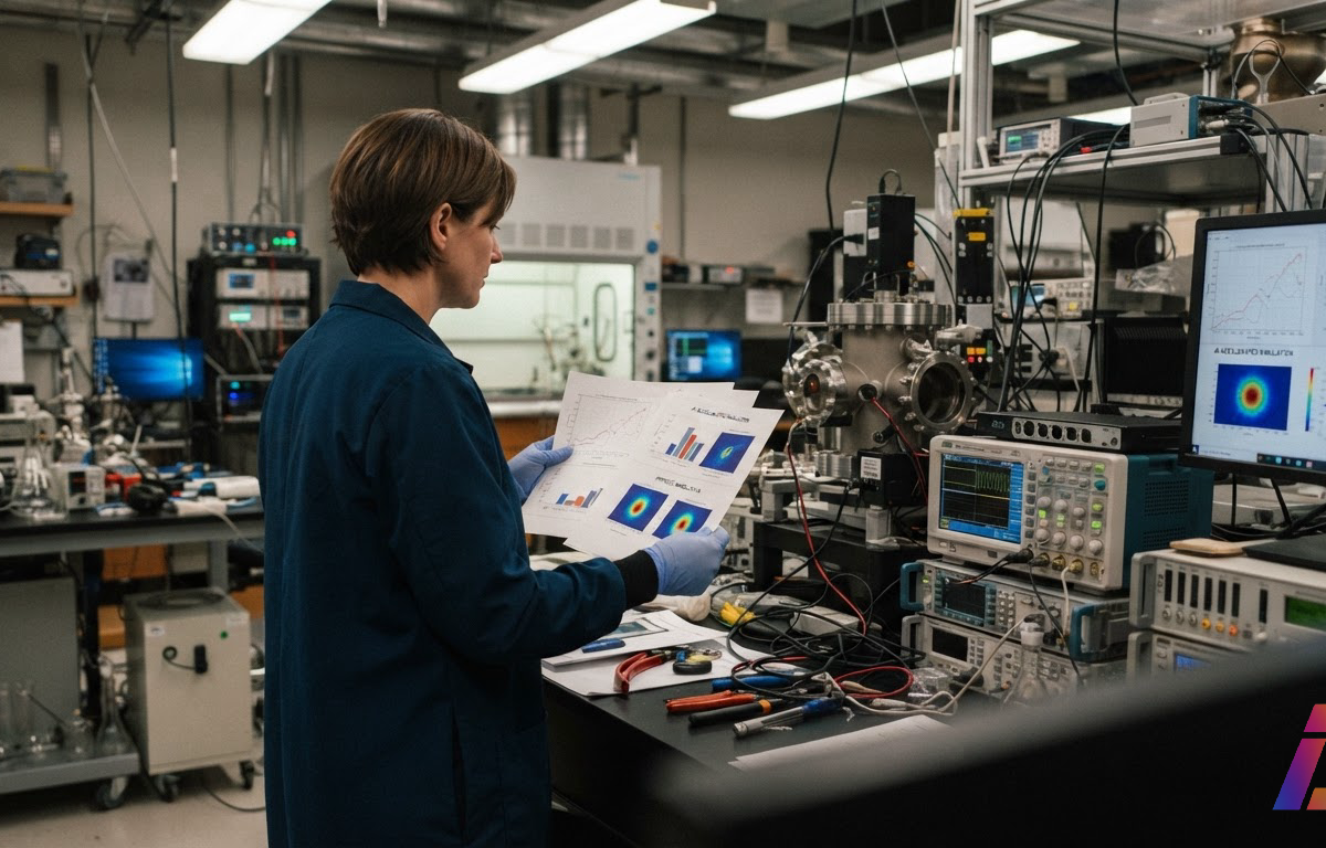 Cientista em laboratório federal americano examina impressões de simulações físicas ao lado de instrumentos de medição, sob luz industrial, com canto inferior direito livre.