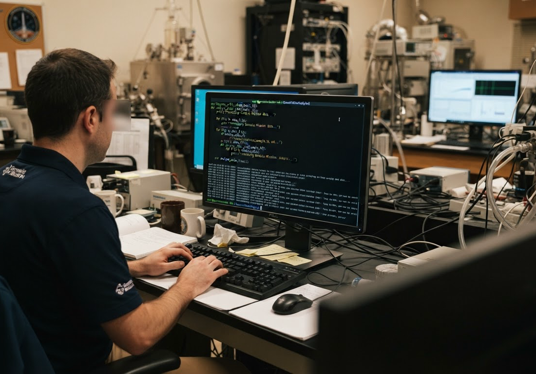 Terminal de linha de comando com código em edição sobre mesa de laboratório científico, com equipamentos e instrumentos ao fundo em ambiente institucional
