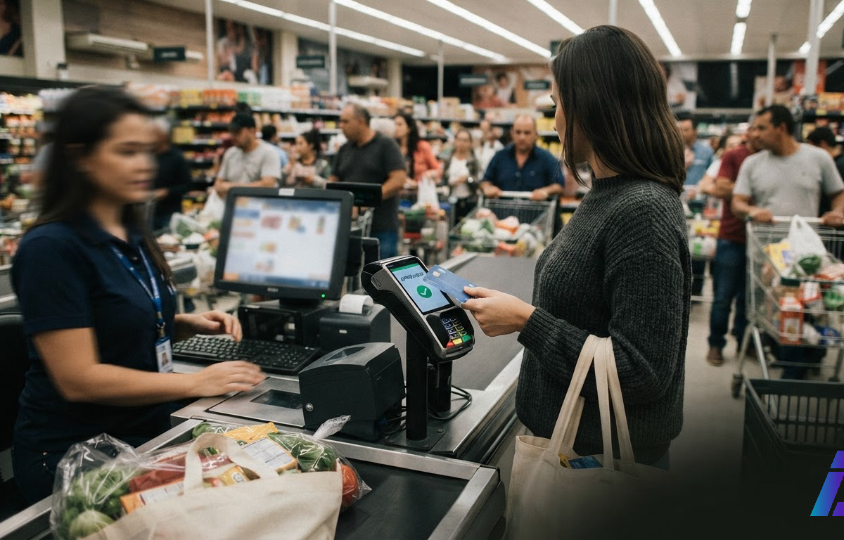 Cliente aproxima cartão de uma maquininha no caixa de um supermercado movimentado, sob luz fluorescente, com fila de pessoas desfocada ao fundo