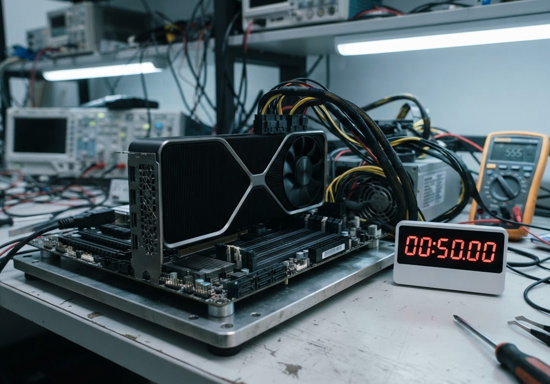 Placa de vídeo de alto desempenho instalada em bancada de testes de laboratório, cercada por cabos, com um cronômetro digital ao lado marcando 50 milissegundos sob luz fria lateral