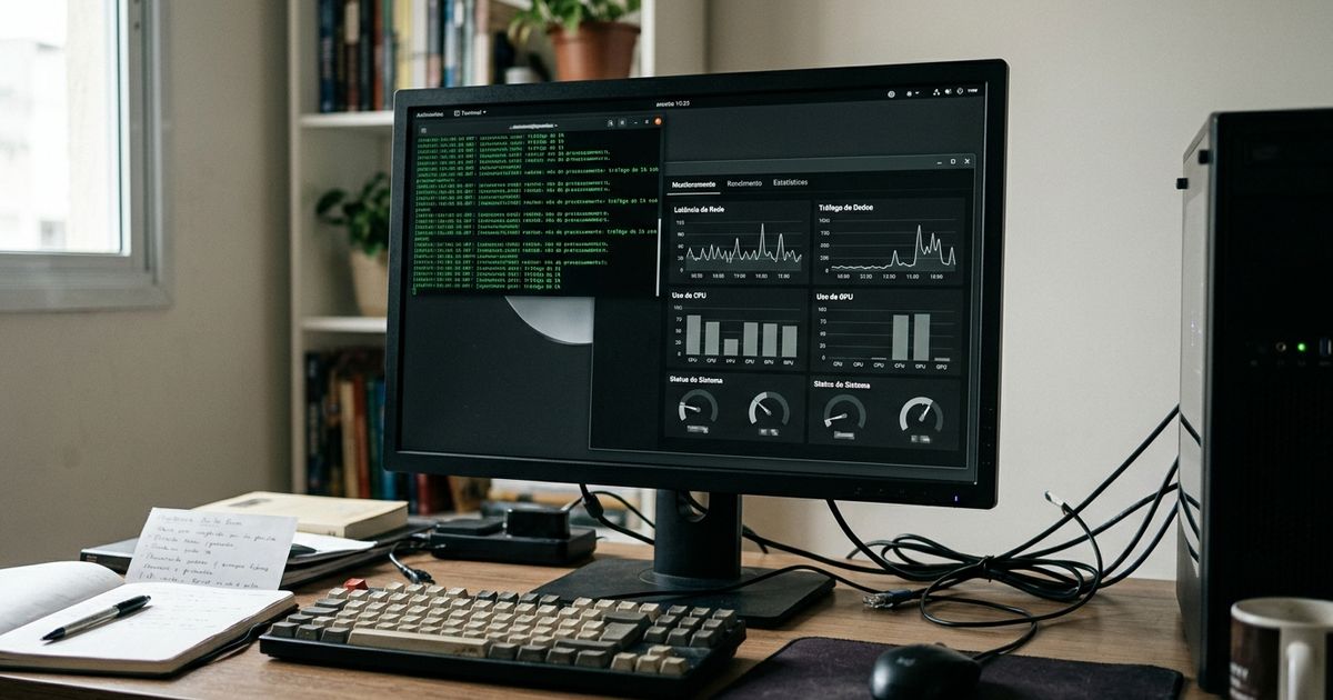 Estação de trabalho iluminada com luz natural, contendo teclado mecânico e monitor que exibe telas de terminal e gráficos de métricas sobre uma mesa clara.