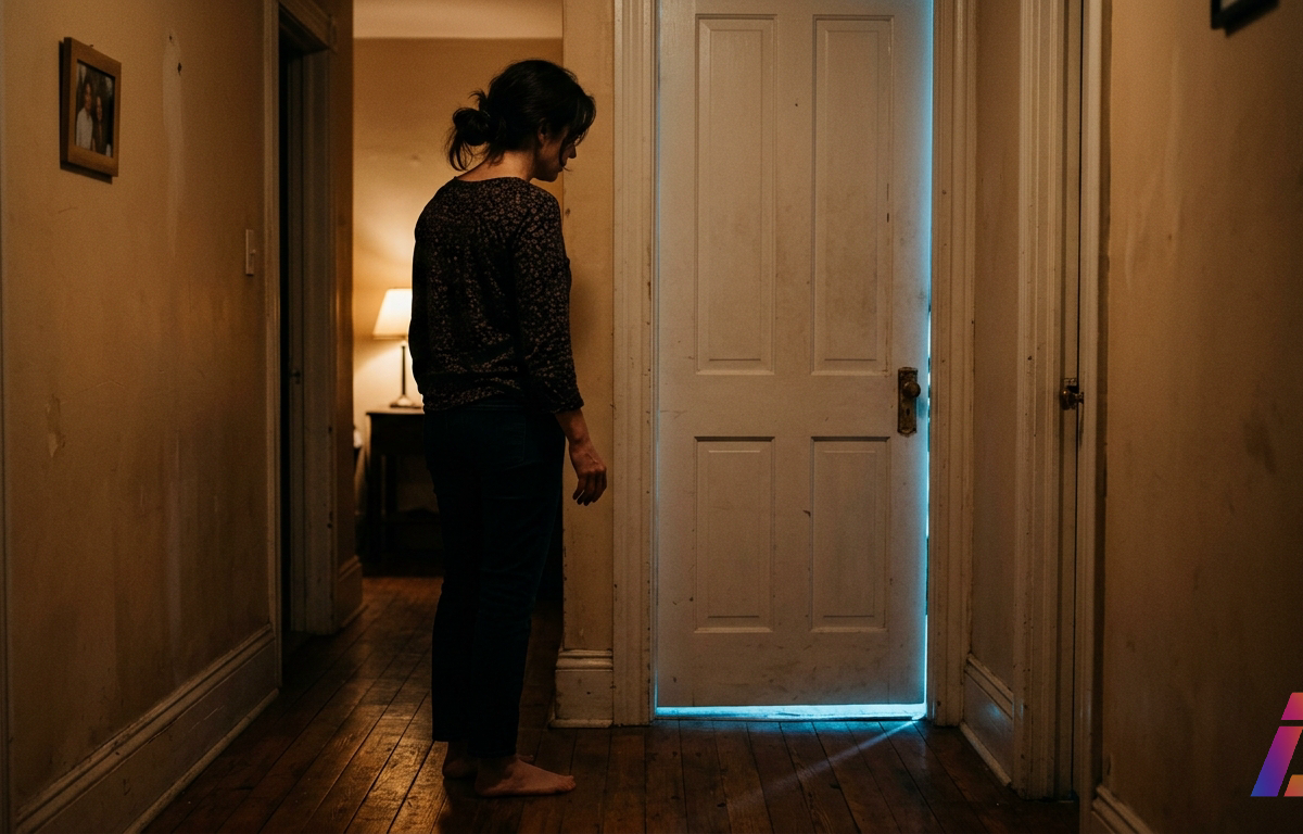 Mulher vista de três quartos parada em hesitação diante de porta fechada de quarto ao fim de corredor estreito em penumbra; pela fresta da porta escapa luz azulada e fria, paredes bege desbotado e quadro desfocado ao fundo.