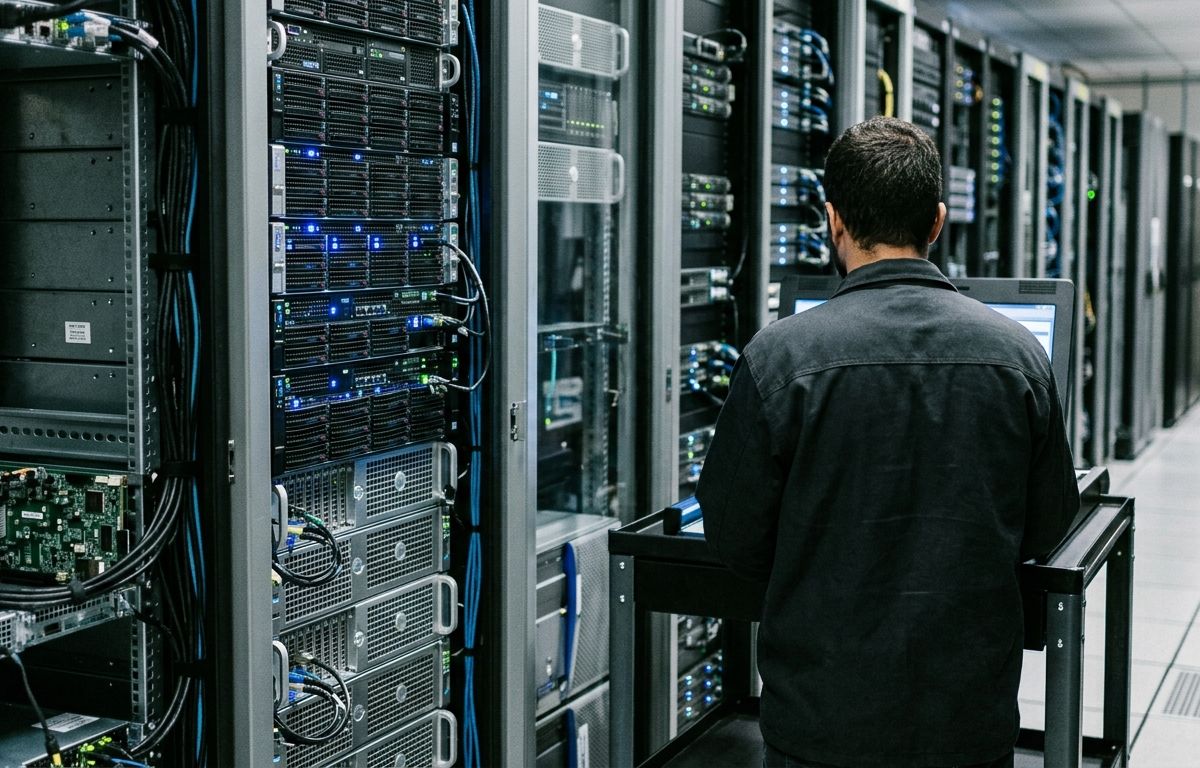 Corredor de data center contemporâneo com racks de servidores em operação e indicadores luminosos discretos em tons azuis e verdes