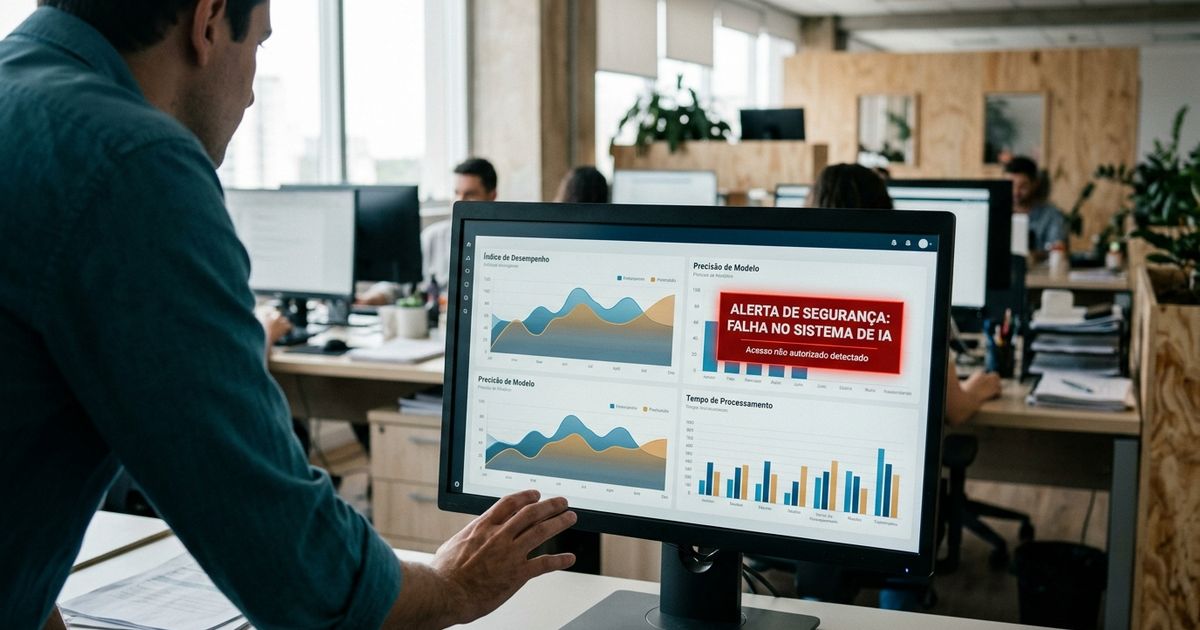 Tela de computador em escritório moderno exibe gráficos de desempenho com alerta vermelho de falha de segurança