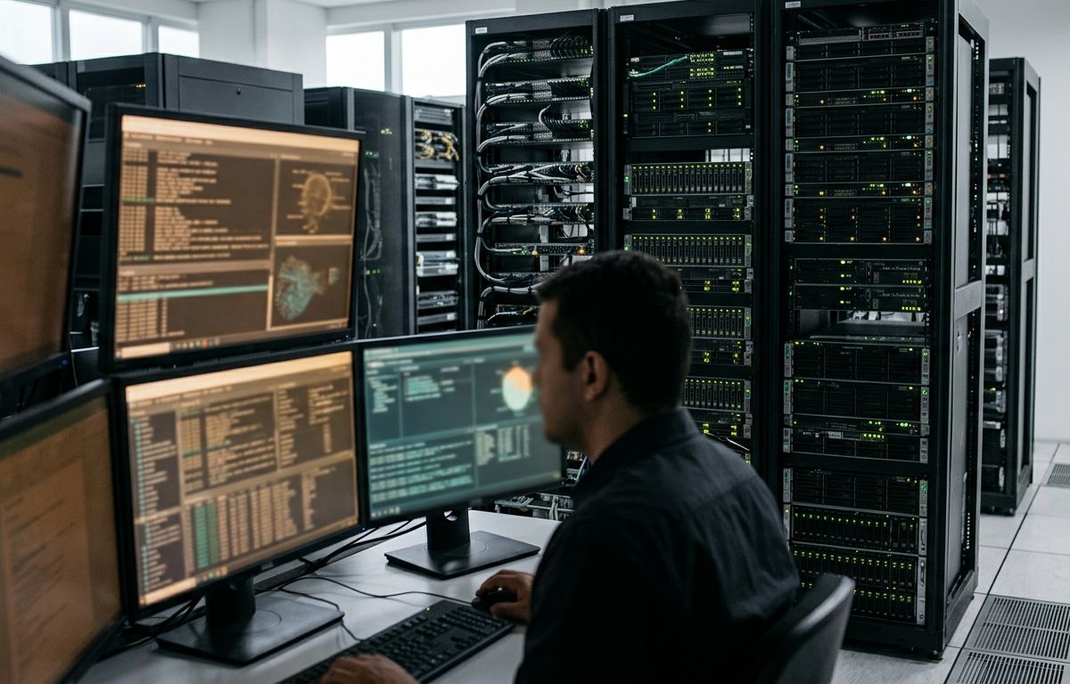 Servidores de rede organizados em racks ao lado de monitores exibindo interfaces abstratas de segurança digital em ambiente corporativo iluminado.