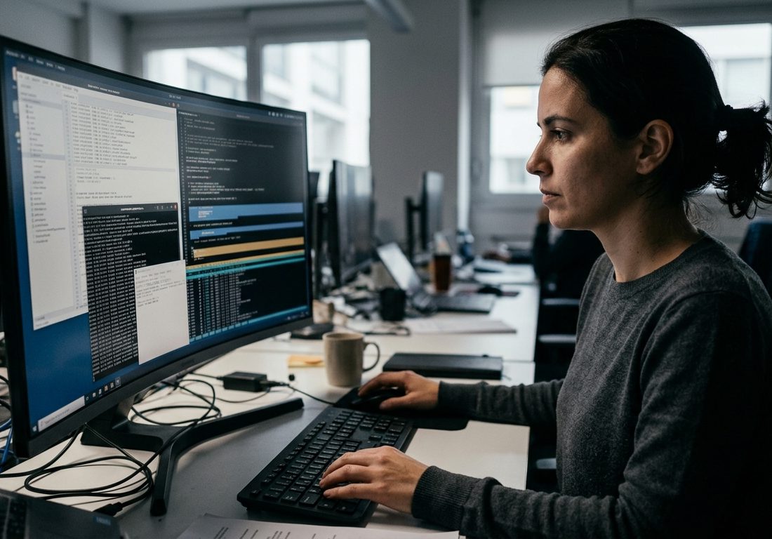 Profissional de segurança da informação de costas monitora múltiplos fluxos de dados e notificações de segurança em monitores sobre uma mesa de escritório iluminada.