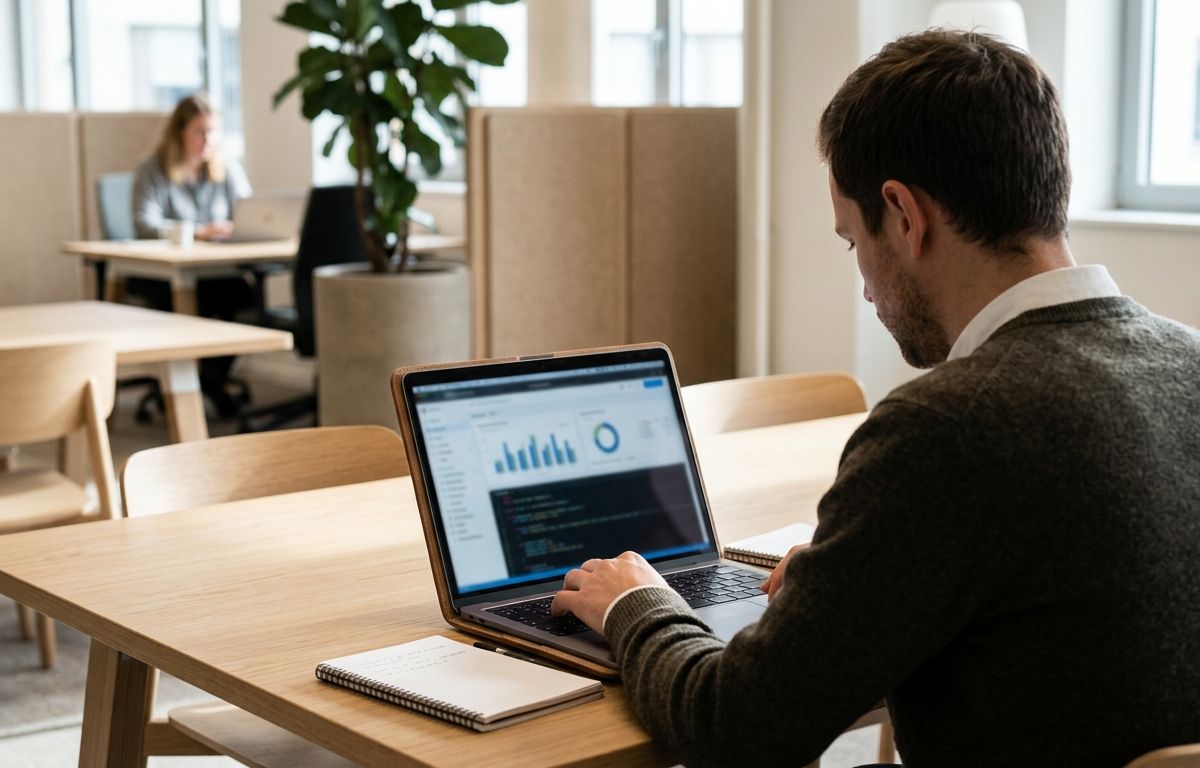 Pessoa sentada diante de uma mesa de trabalho moderna em ambiente iluminado, analisando telas com códigos e gráficos em um computador portátil.