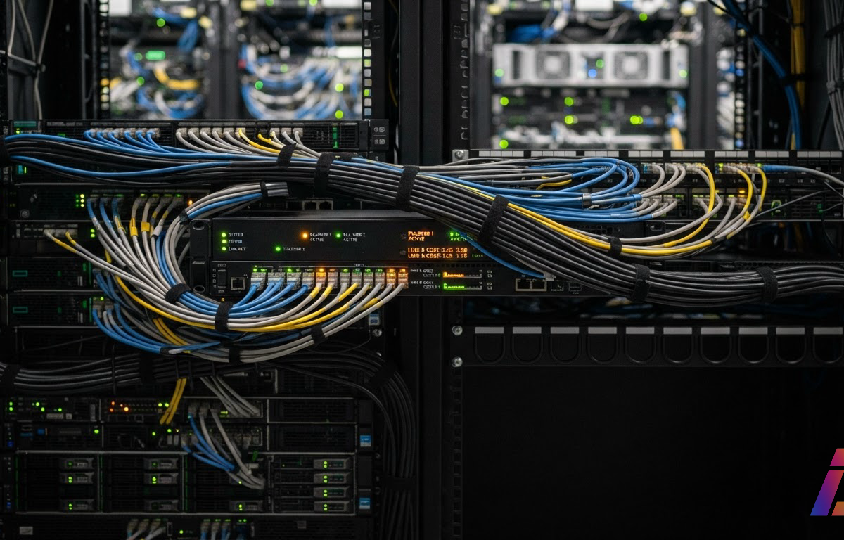 Appliance de rede instalado em rack corporativo com cabos que se dividem rumo a servidores de provedores distintos, painel de indicadores de failover aceso e medidores de custo em operação