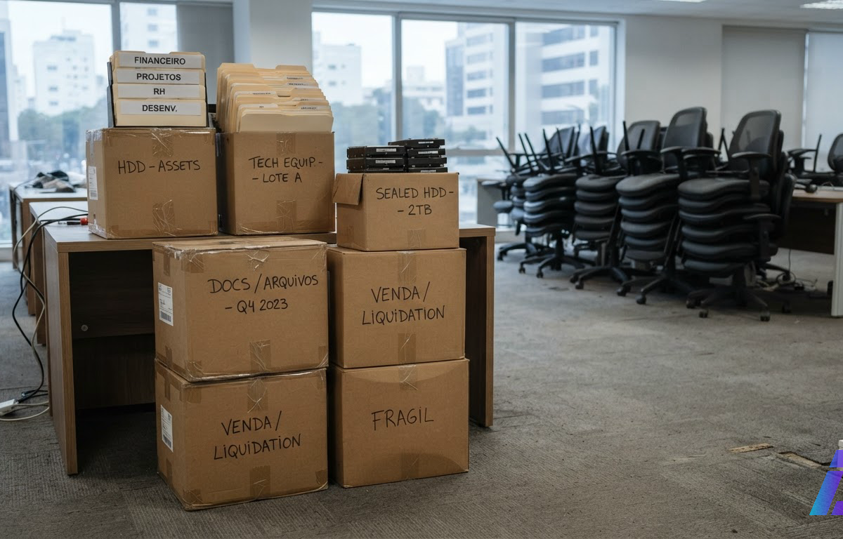 Caixas de papelão lacradas com discos rígidos e pastas de arquivo, etiquetadas, sobre o piso de um escritório vazio com cadeiras empilhadas, sob luz fria da manhã
