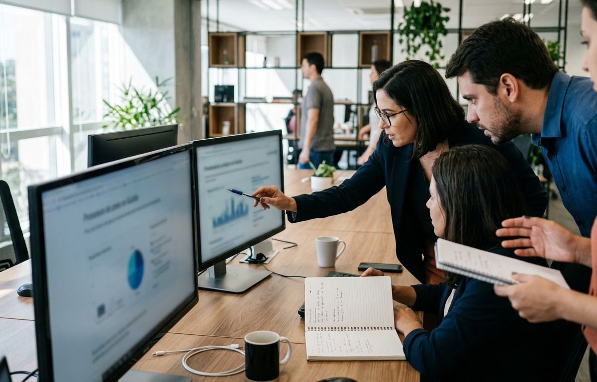 Profissionais de escritório reunidos ao redor de uma mesa de trabalho, observando telas de computadores portáteis em ambiente corporativo iluminado por luz natural.