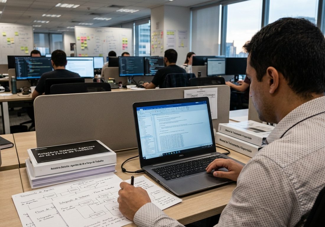 Profissional diante da tela de um notebook ajustando fluxos digitais de trabalho em mesa de escritório iluminada por luz natural.