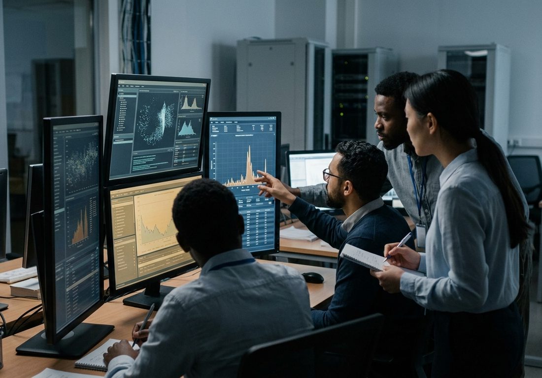 Grupo de pesquisadores de costas e de perfil em uma sala de controle iluminada, observando grandes monitores com curvas estatísticas e diagramas abstratos sobrepostos em tons sóbrios.