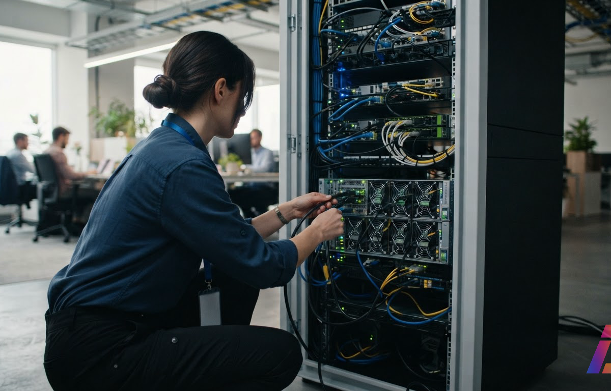 Engenheira de costas conecta cabos a um servidor de GPUs instalado em rack no escritório de uma startup, iluminado por luz natural que entra pelas janelas