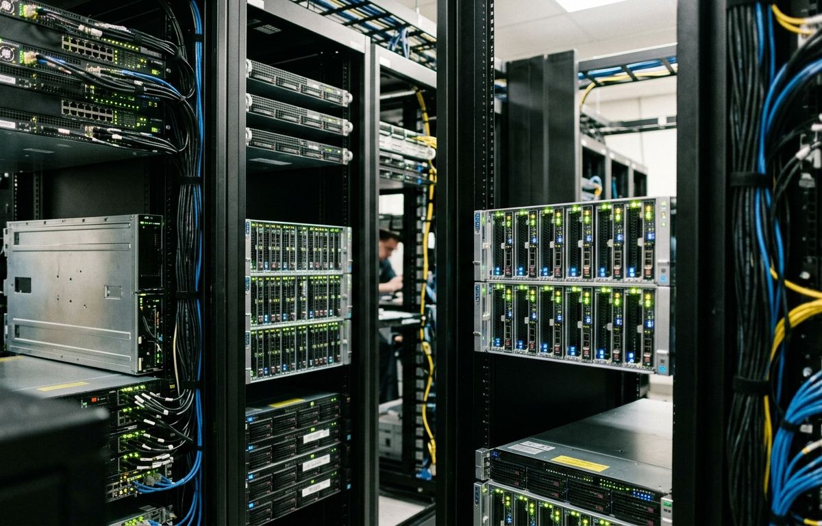 Corredor de centro de dados moderno com racks de servidores em operação e luzes indicadoras de status ativas em ambiente refrigerado e iluminado.