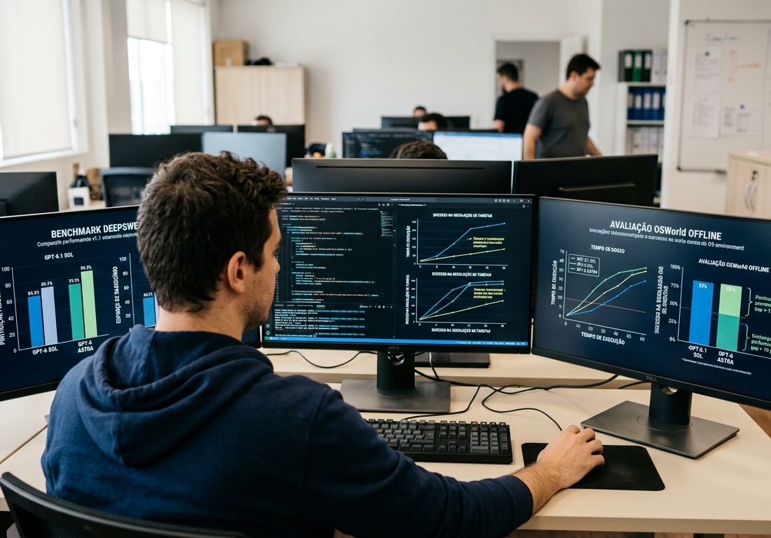 Desenvolvedor de costas observando duas telas de computador com trechos de código e métricas de desempenho em um escritório bem iluminado.