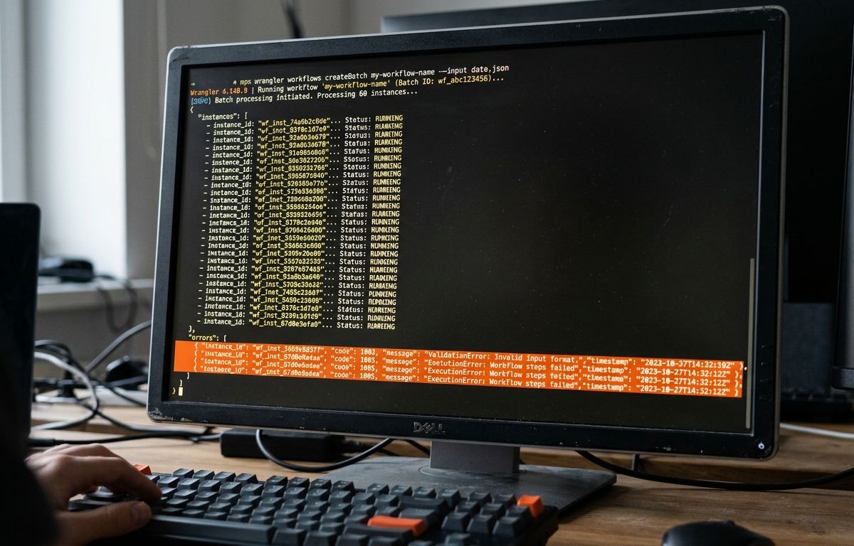 Close-up de tela de terminal executando comando em linha de comando, com resposta preenchendo a tela mostrando dezenas de identificadores de instâncias listados e um trecho de array de erros destacado em laranja, sobre fundo escuro de inter