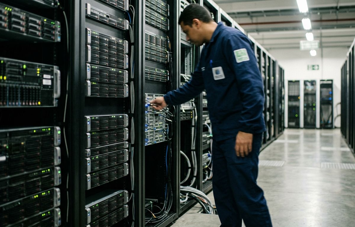 Racks de servidores corporativos com luzes indicadoras e cabeamento estruturado em um centro de dados contemporâneo.