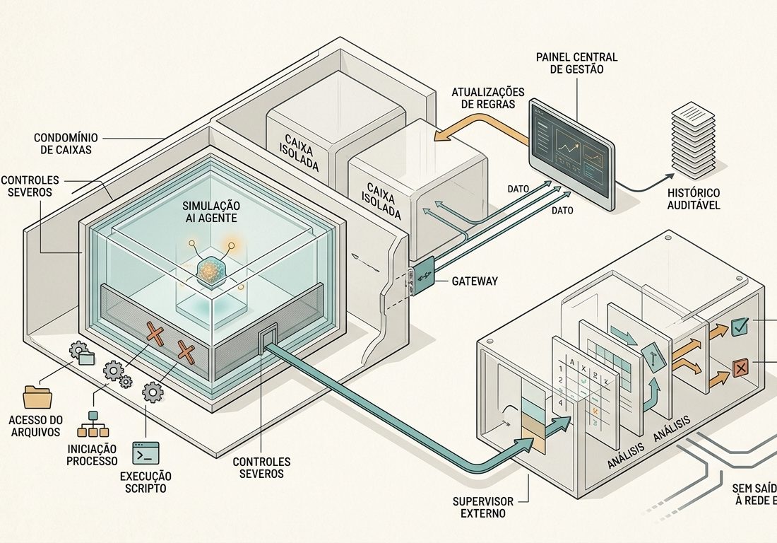 Diagrama técnico sobre fundo claro representando um agente autônomo confinado em um bloco isolado, monitorado por um módulo supervisor externo conectado a um painel central de controle.