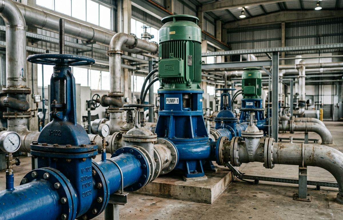 Grande bomba hidráulica industrial com tubulações metálicas e válvulas em estação de abastecimento de água urbana, iluminada por luz industrial suave.