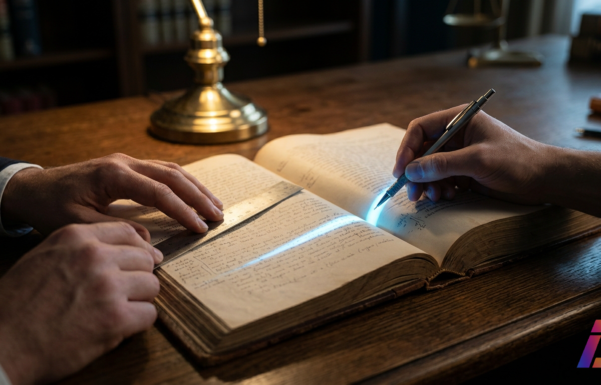 Mãos de uma pessoa sobre livro jurídico antigo aberto em mesa de carvalho, com anotações manuais iluminadas por feixe azul de digitalização.