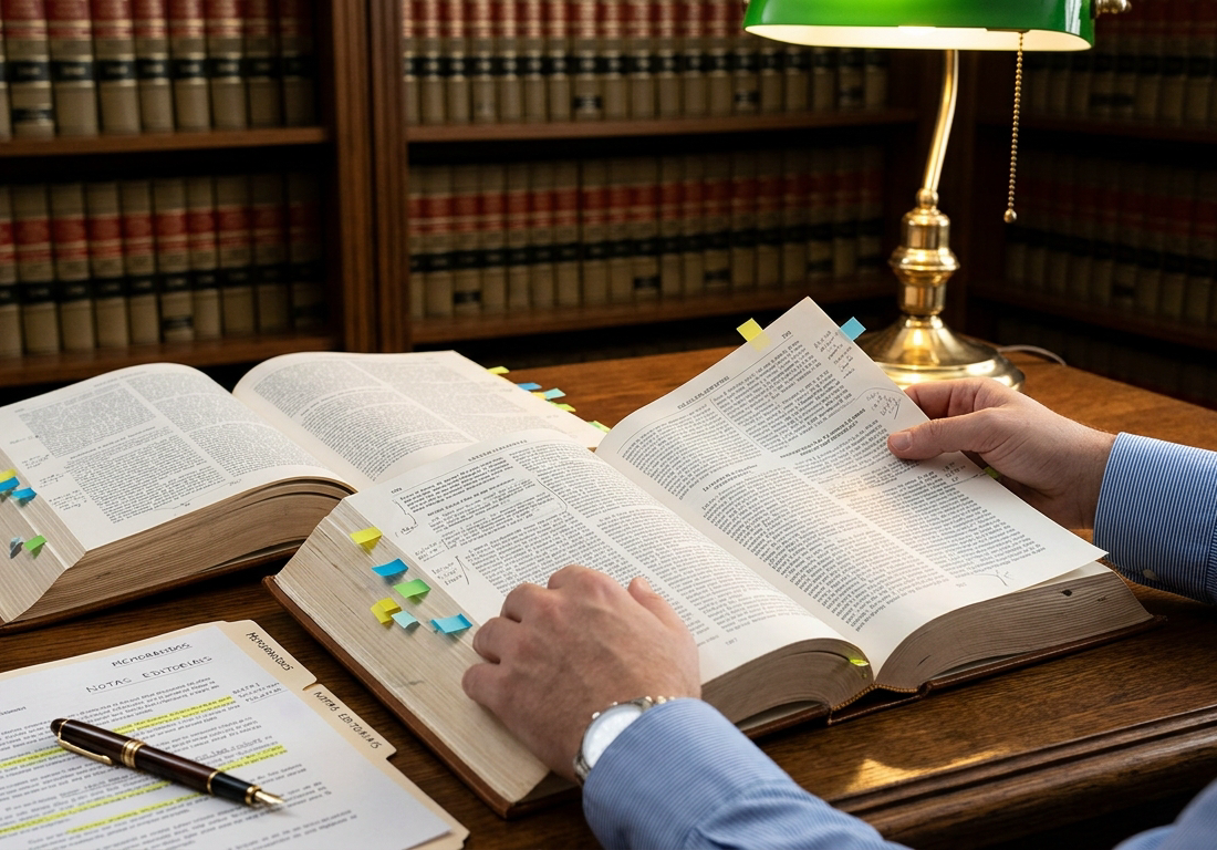 Volumes encadernados de relatórios jurídicos abertos sobre mesa de madeira escura com anotações manuais e marcadores de página em uma biblioteca tradicional.