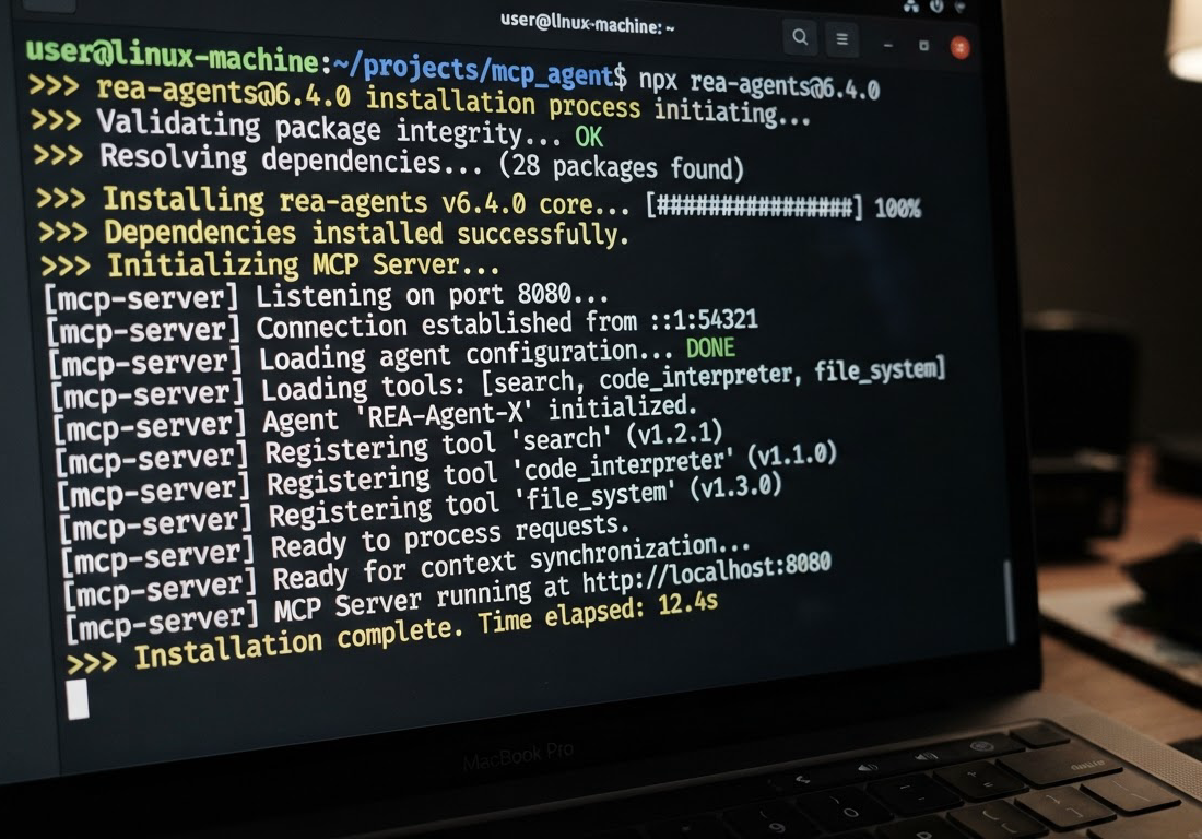 Terminal Linux em primeiro plano exibindo o comando npx rea-agents@6.4.0 durante a instalação, com linhas de resposta do servidor MCP rolando na tela