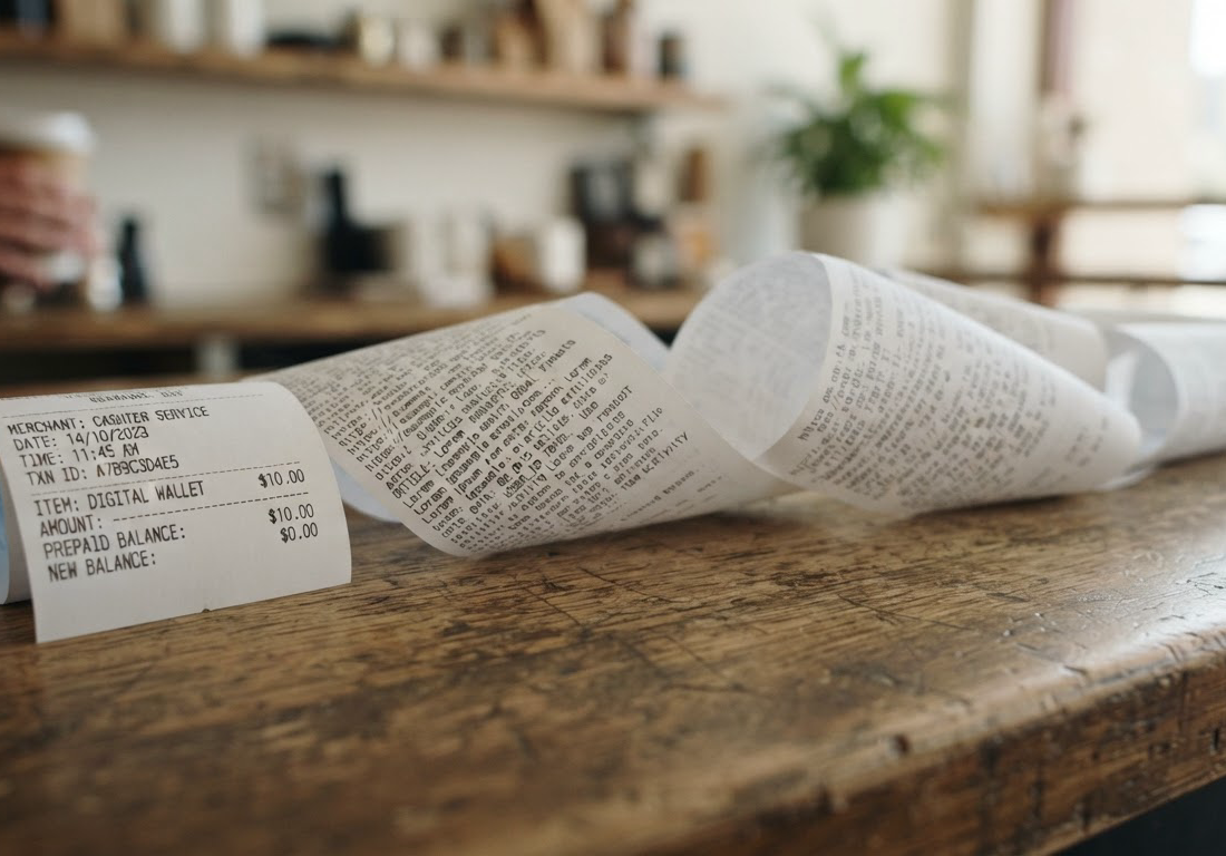 Recibo curto de carteira pré-paga ao lado de uma longa tira de papel impressa com blocos de texto, estendida sobre um balcão iluminado por luz lateral