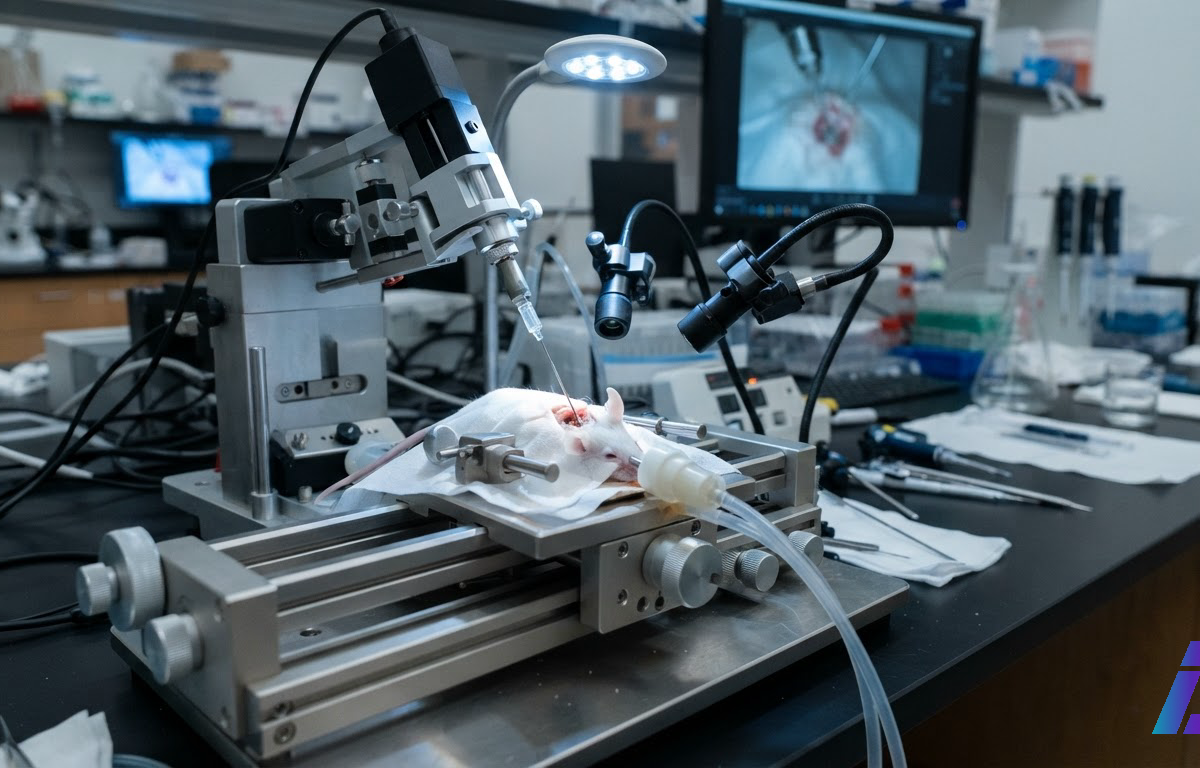Agulha robótica de uma plataforma estereotáxica motorizada posicionada sobre o crânio de um camundongo anestesiado, com câmeras cirúrgicas apontadas para o animal em uma bancada de laboratório de neurociência sob luz clínica fria
