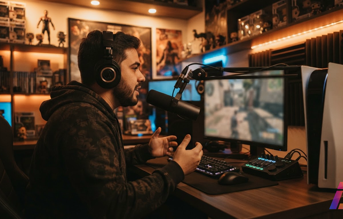 Youtuber de games com fones de ouvido e microfone grava comentário em estúdio caseiro, com um PlayStation 5 em pé ao lado, sob iluminação quente