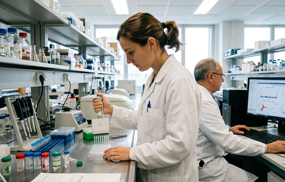 Cientistas de jaleco branco manuseiam pipetas e analisam amostras em bancada de laboratório moderno, com telas de computador ao fundo