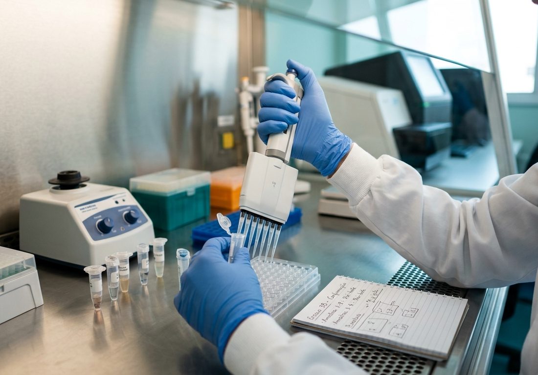 Equipamentos de análise genética, micropipetas e frascos de ensaio organizados sobre bancada esterilizada em laboratório de biologia experimental.