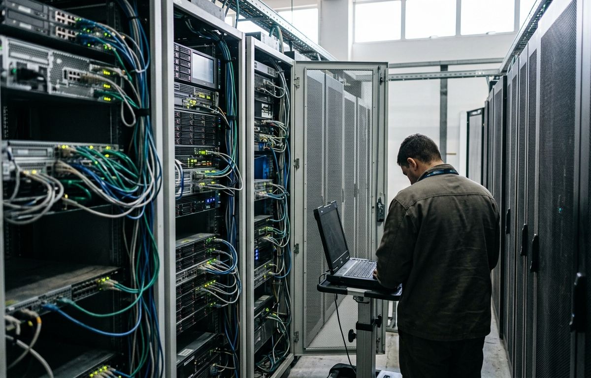 Corredor de data center com fileiras de racks de servidores de alta densidade iluminados por luzes técnicas frias em ambiente computacional.