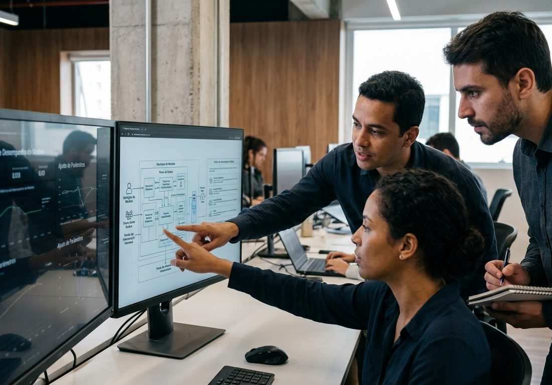 Especialistas em tecnologia de costas observando painéis digitais com diagramas de sistemas e métricas técnicas em ambiente de trabalho sóbrio.