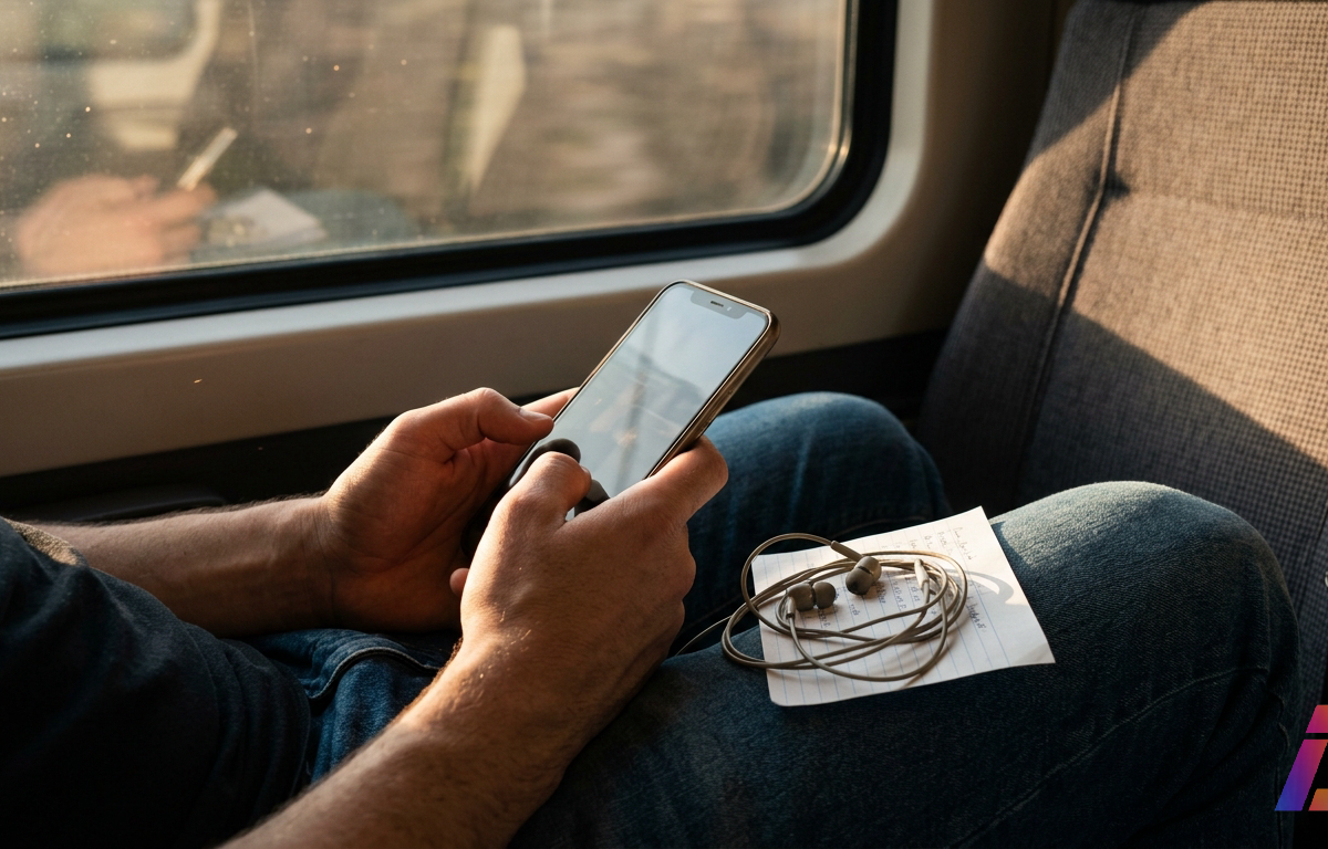 Mãos segurando smartphone sobre o colo em trem em movimento, com fones de ouvido e papel de anotações ao lado iluminados pela luz do entardecer.