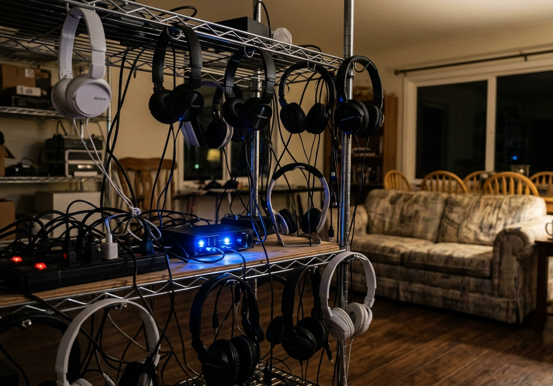 Sala de casa suburbana americana com estantes improvisadas de metal sustentando dezenas de fones de ouvido brancos e pretos, pendurados e apoiados como uma plateia vazia, conectados por emaranhados de cabos USB a réguas de energia e a um am