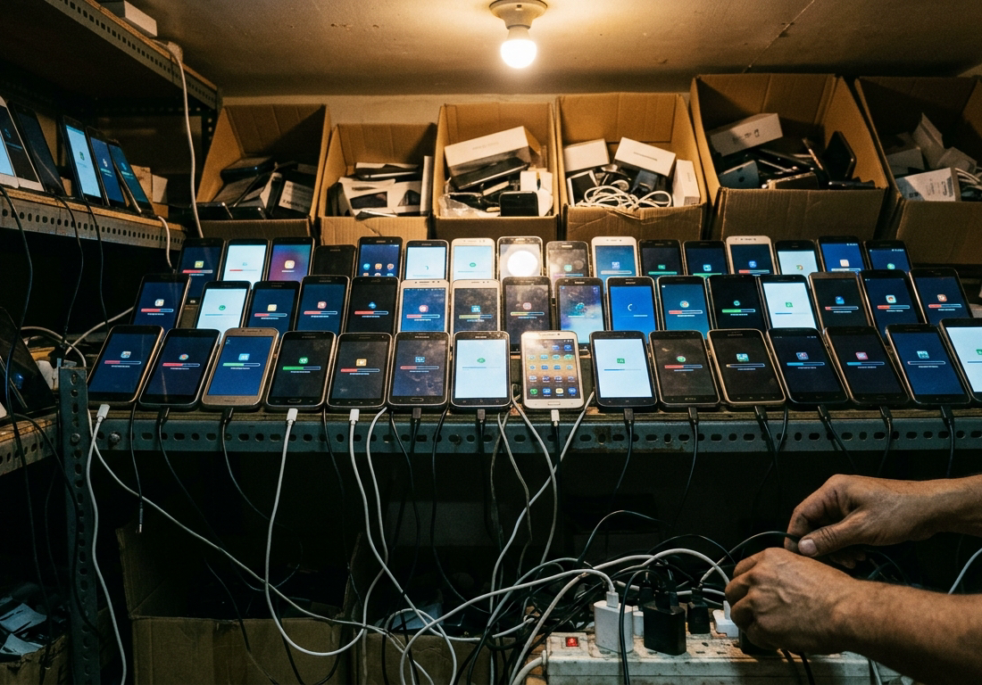 Cômodo doméstico com estantes metálicas sustentando fileiras de celulares baratos ligados, telas acesas com capas de álbum e barras de progresso, cabos USB emaranhados descendo até uma régua de tomadas lotada, mãos adultas conectando mais u