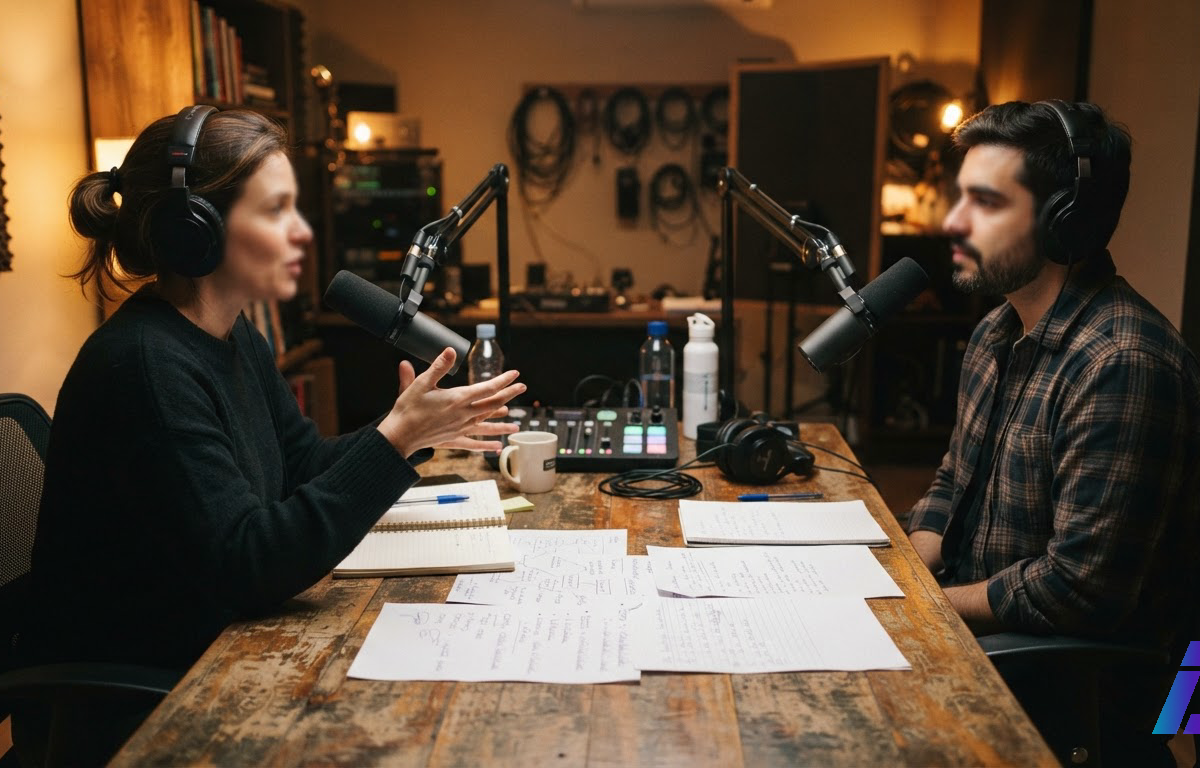 Profissionais conversam ao redor de uma mesa em estúdio de podcast, com microfones, notebooks e folhas de anotações sobre custo e confiança, sob luz quente lateral