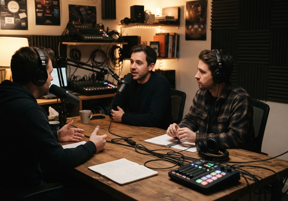 Pequeno estúdio de podcast com luz quente lateral, onde um apresentador e três convidados conversam ao redor de uma mesa com microfones, notebooks e celulares, com os rostos fora de foco ou de perfil.