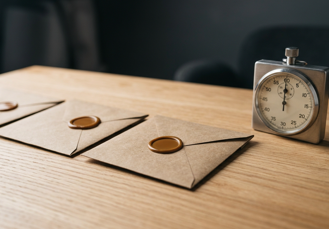 Três envelopes de papel kraft lacrados com cera dispostos sobre mesa de carvalho ao lado de um cronômetro analógico de mesa em aço escovado.