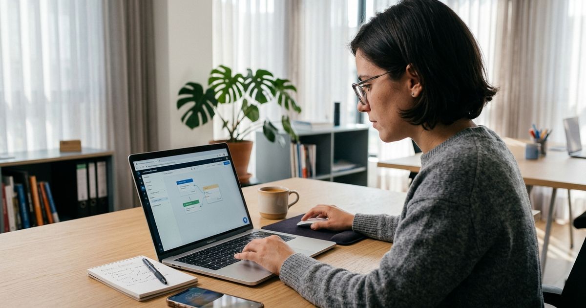 Pessoa trabalhando em mesa clara com laptop, organizando fluxos de automação na tela, acompanhada de caneca e caderno em ambiente iluminado por luz natural.