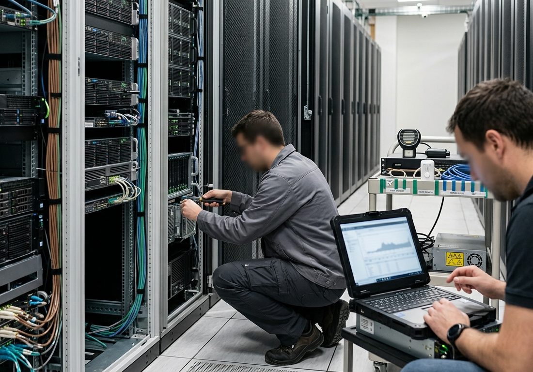 Dois profissionais de costas com pranchetas e tablets analisam corredores de racks de servidores de alta densidade em um centro de processamento de dados com iluminação técnica em tons frios.