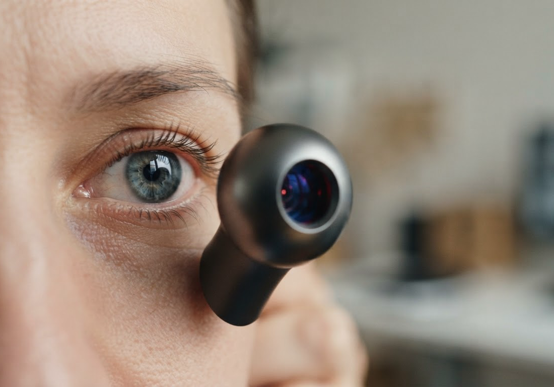 Close do olho de uma pessoa diante de um leitor esférico de íris durante verificação de identidade, sob luz suave de estúdio