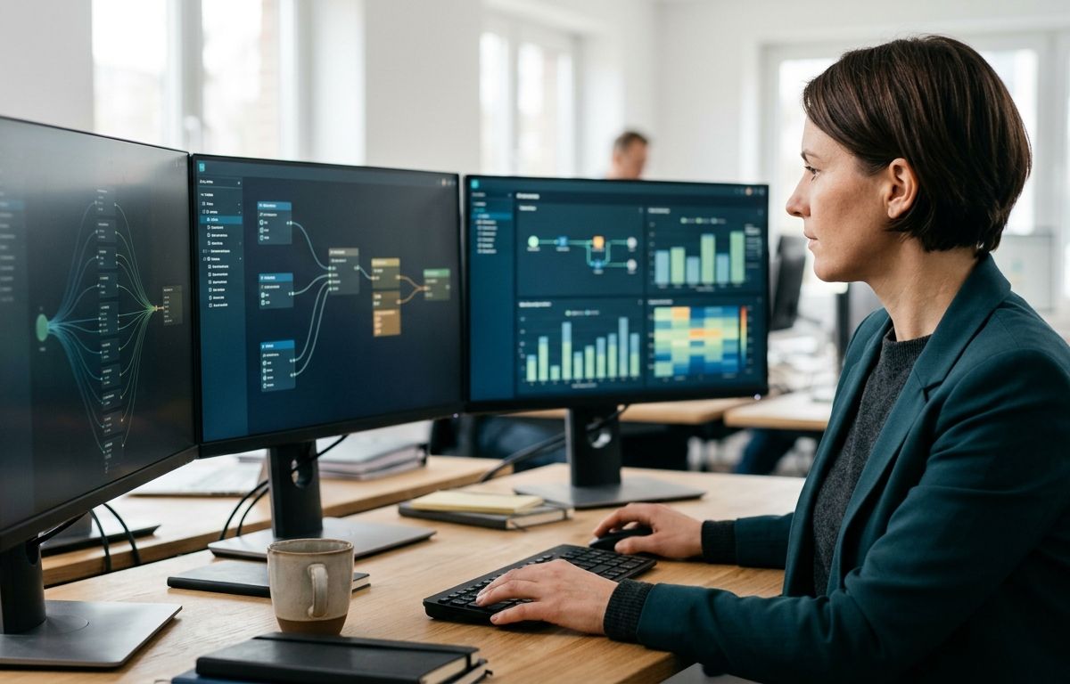 Profissional sentado de costas em escritório iluminado, acompanhando fluxos de trabalho e dados digitais em múltiplos monitores sobre a mesa.
